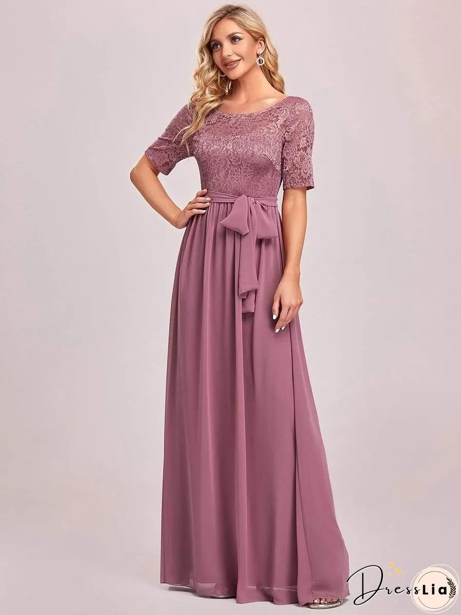Sophisticated Lace Bodice Chiffon Maxi Evening Gown with Belt for Elegant Occasions