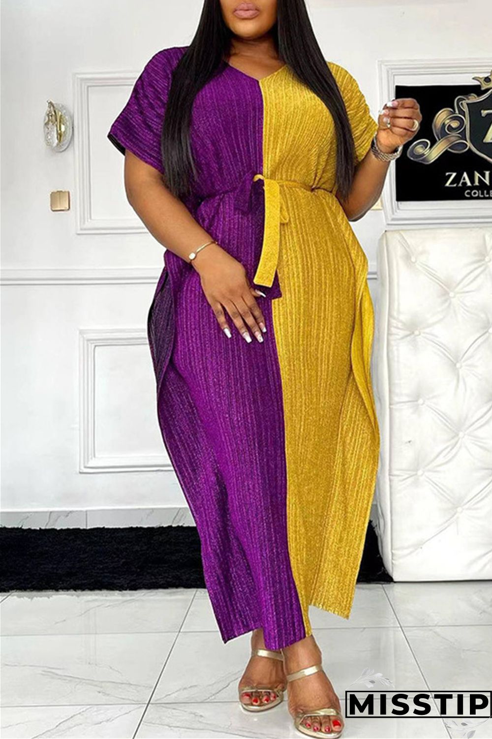 Green Casual Solid Patchwork V Neck Long Dress Dresses