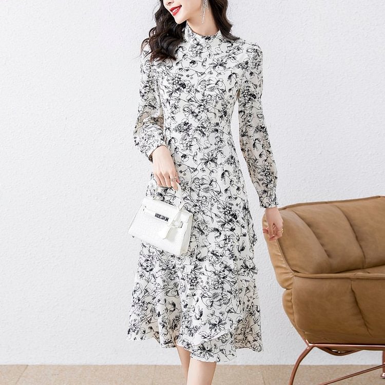 As Picture Long Sleeve Floral Printed Elegant Dresses