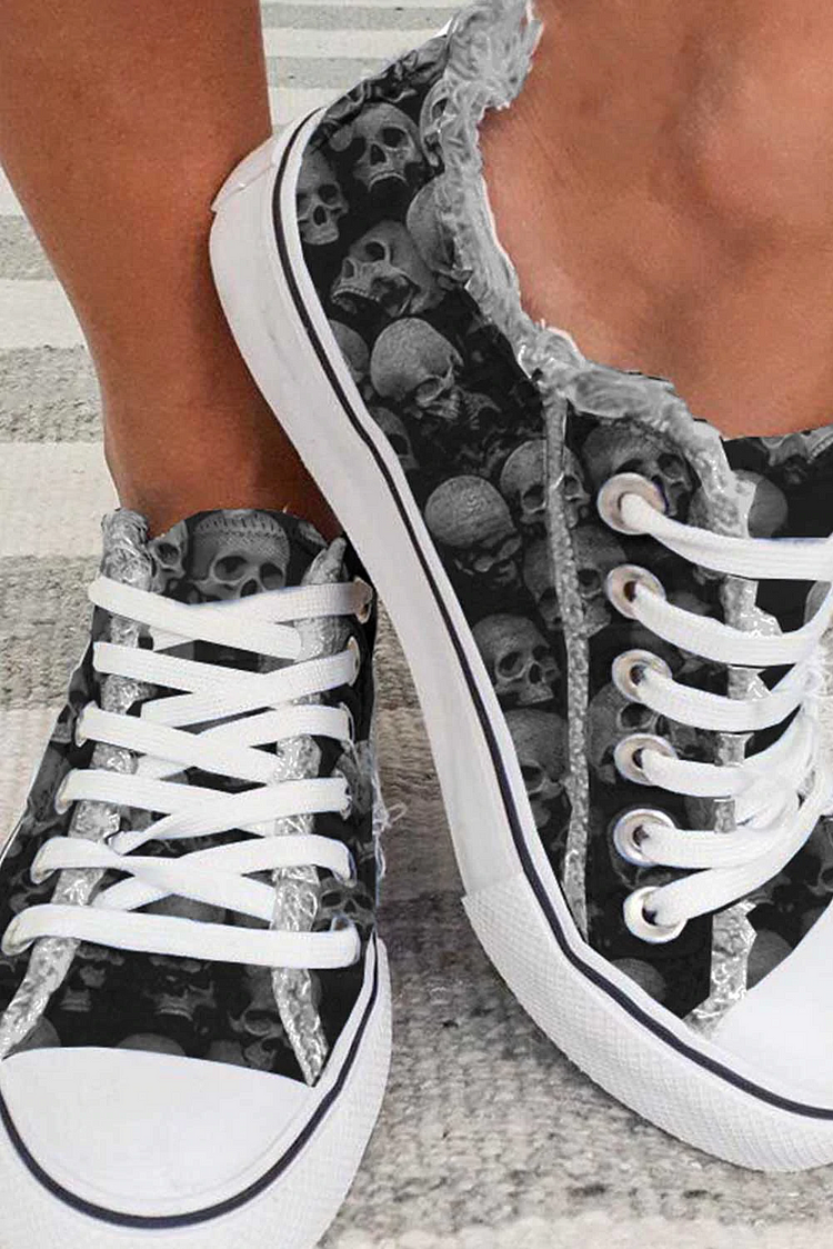 WOMEN'S SNEAKERS SKULL PRINT LACE-UP CANVAS SNEAKERS