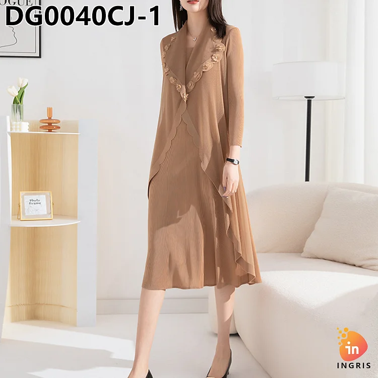 Autumn new women's design double collar two-piece set with fringed temperament pleated dress for women-DG00040CJ