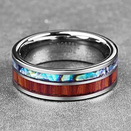 6MM 8MM Women's Or Men's Wedding Tungsten Carbide Wedding Rings Rainbow Abalone Shell & Wood Inlay Flat Edged Comfort Fit Brushed
