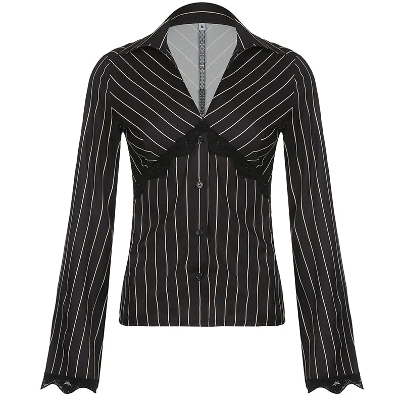 Rapcopter Lace Striped T Shirt V Neck Button Elegant Crop Top Vintage Skinny Flare Sleeve Cardigans Women Grunge Korean Tee Fall