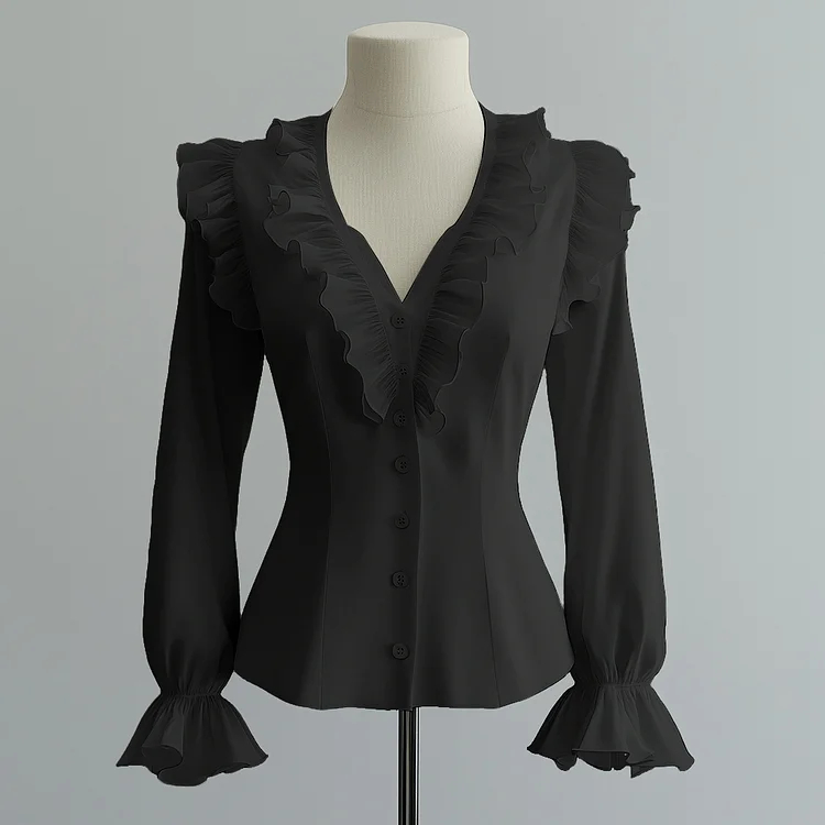 Ursime Ruffled V Neck Flare Sleeve Button Solid Blouse