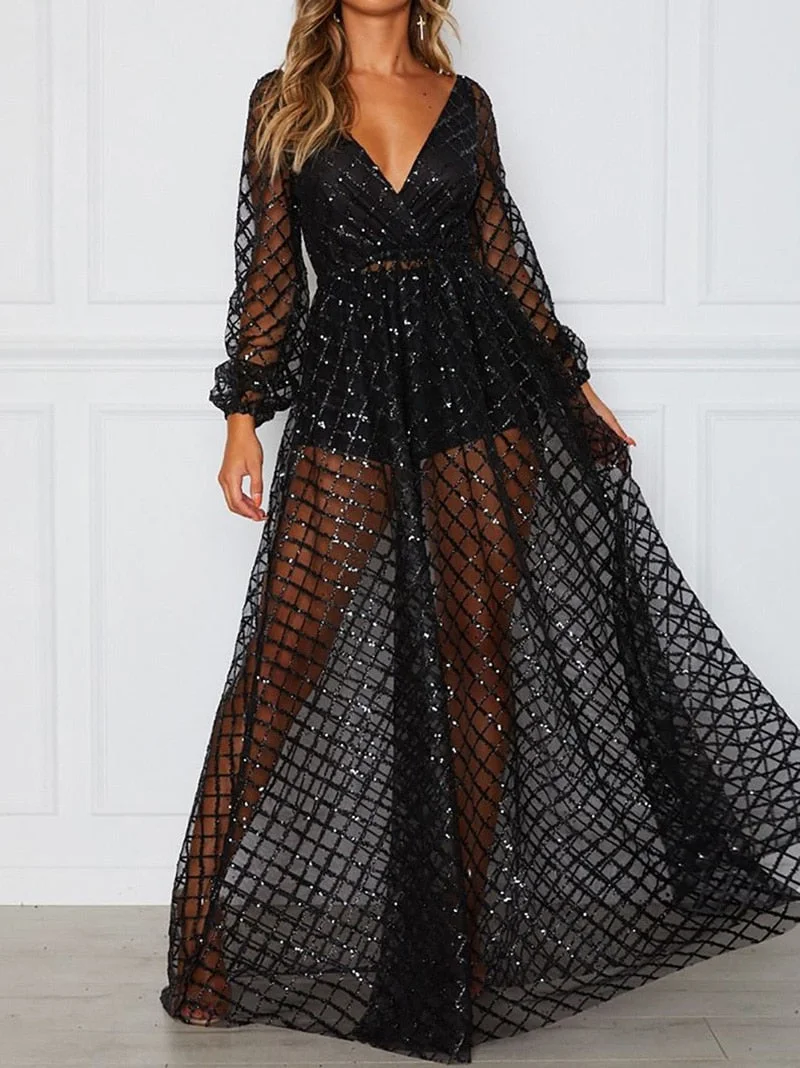 Ordifree 2022 Summer Women Long Party Dress Long Sleeve Sexy Mesh Tulle Gold Sequin Maxi Dress