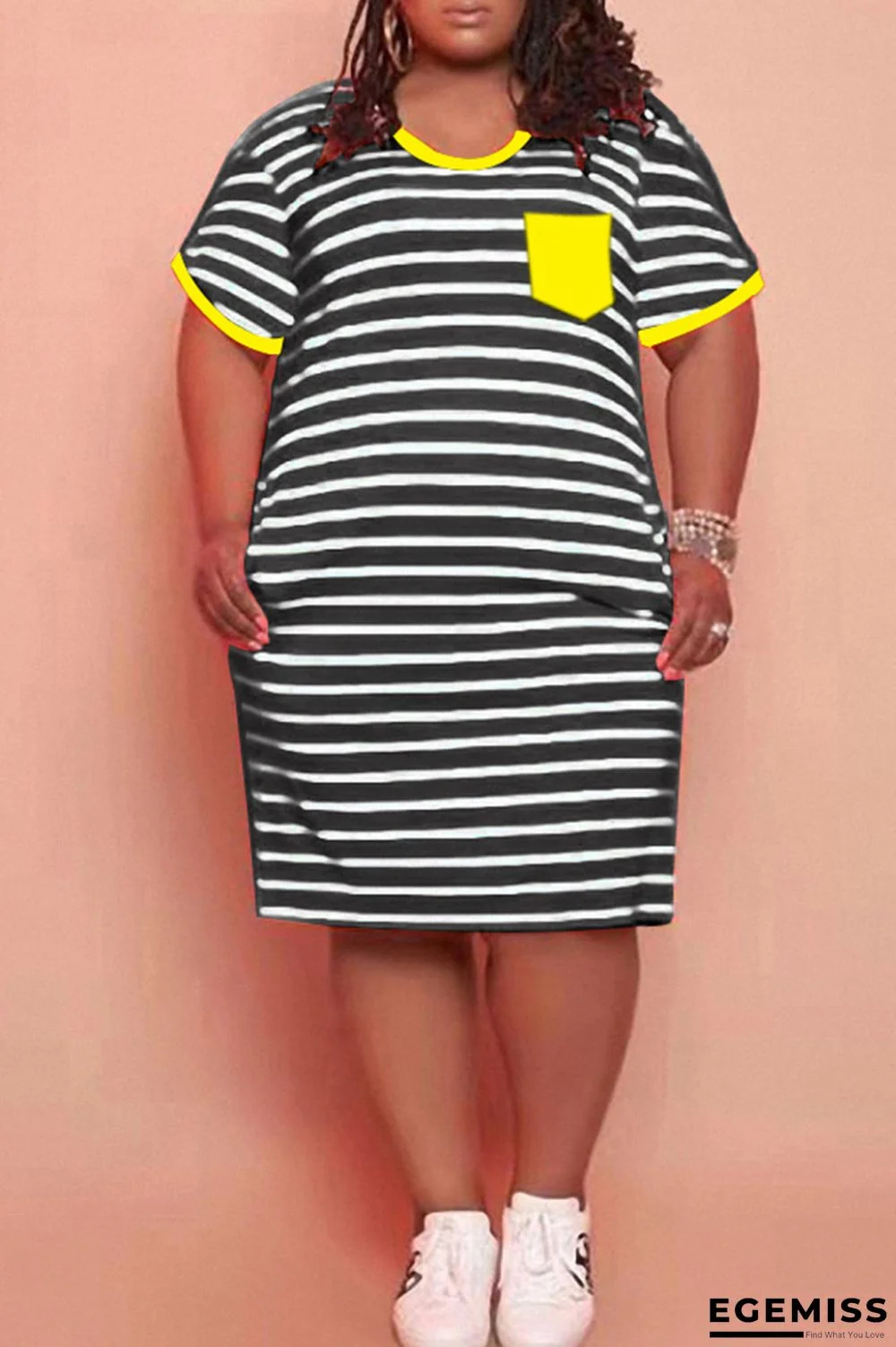 Yellow Fashion Casual Plus Size Striped Print Patchwork O Neck Short Sleeve Dress | EGEMISS