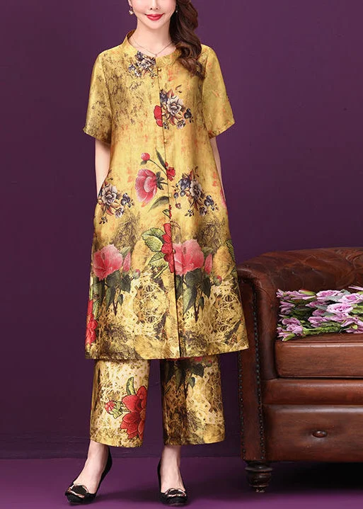 Cozy Yellow Stand Collar Pockets Floral Print Silk Two Pieces Set Short Sleeve