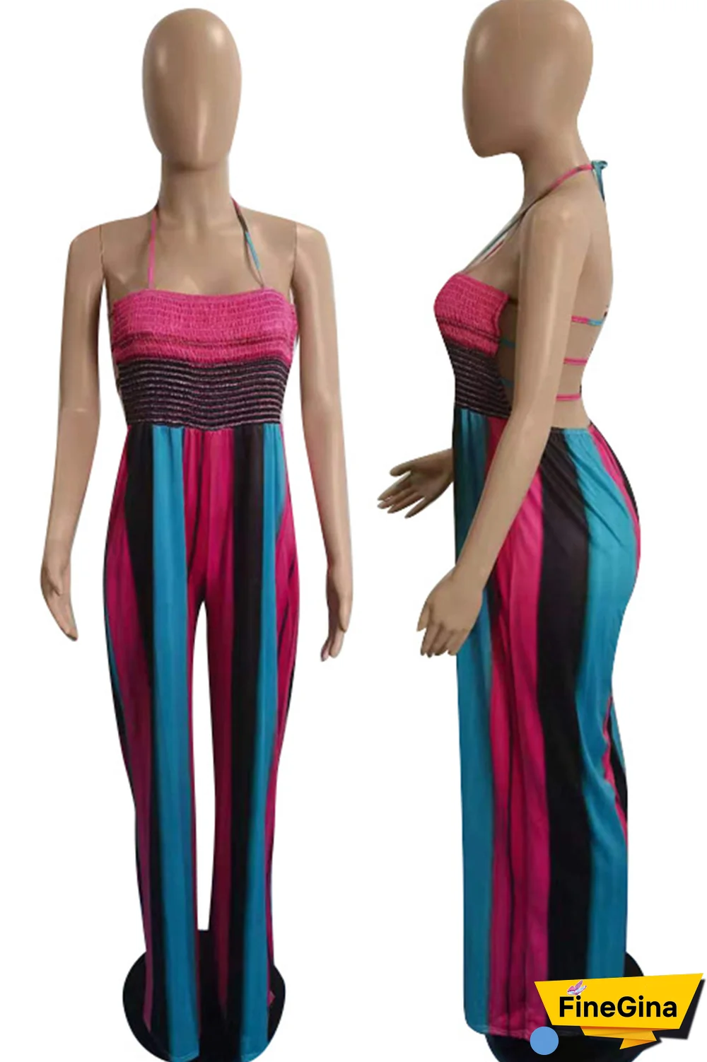 Pink Street Striped Draw String Halter Plus Size Jumpsuits