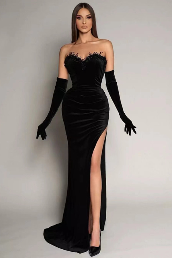 Luluslly Black Mermaid Prom Dress Sweetheart Long Velvet Slit With Beads