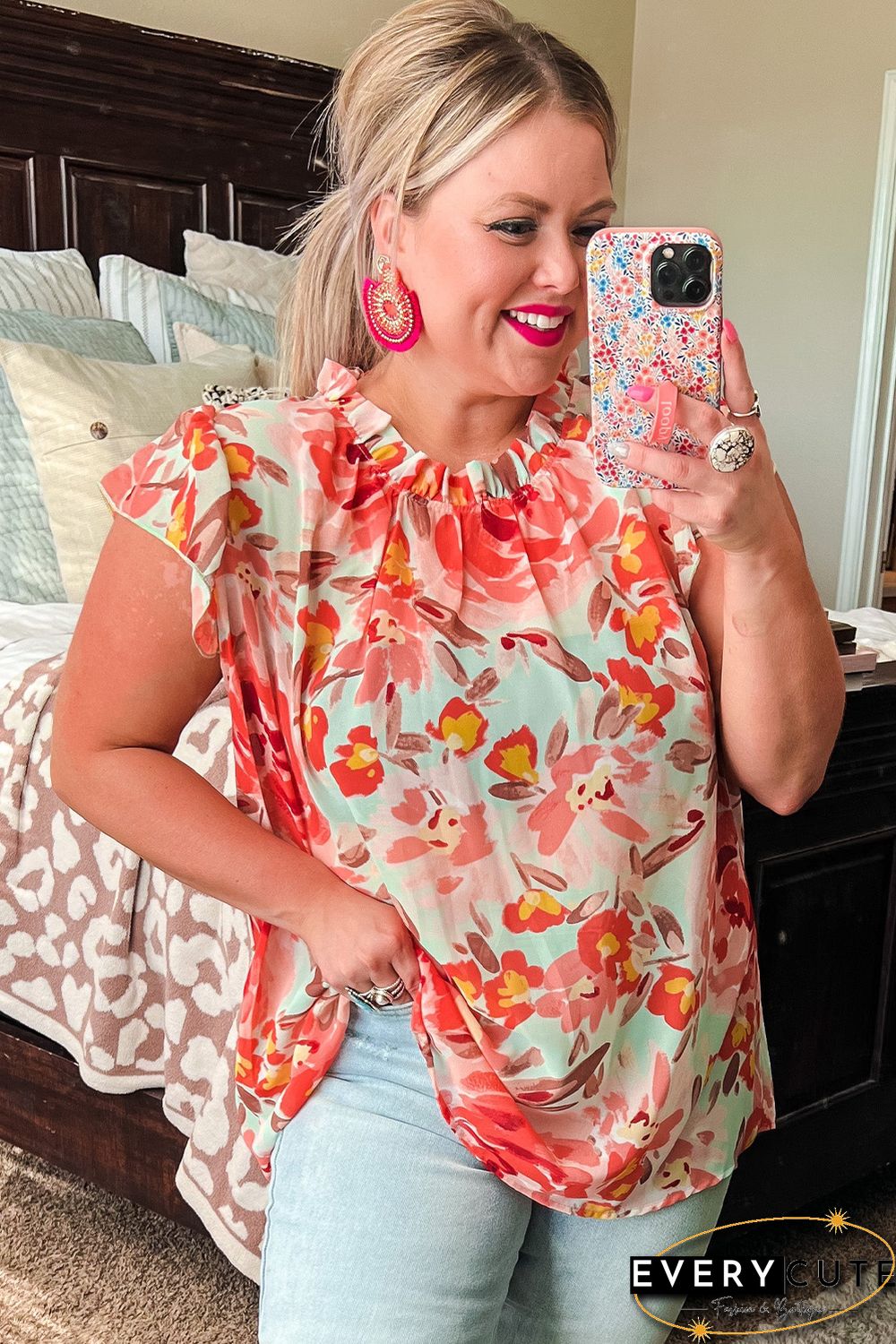 Red Plus Size Watercolor Floral Print Frill Neck Blouse