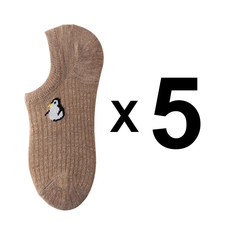 5 Pairs Kawaii Animal Print Women Socks Set Invisible Happy Fashion Ankle Funny Socks Set Girl Cotton Summer Slicone Non-slip