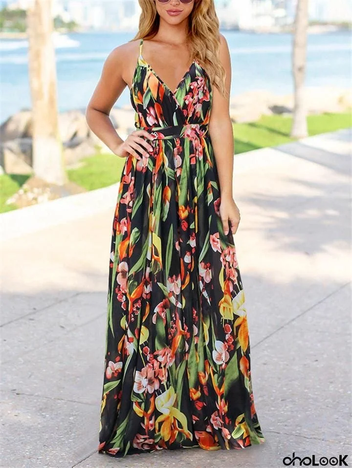 Bohemian Style Wrap Neck Adjustable Strap Floral Maxi Dress