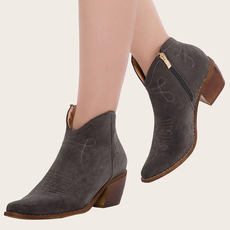 HUXM Pointed Toe Western Cowgirl Boots Chunky Heel Ankle Booties