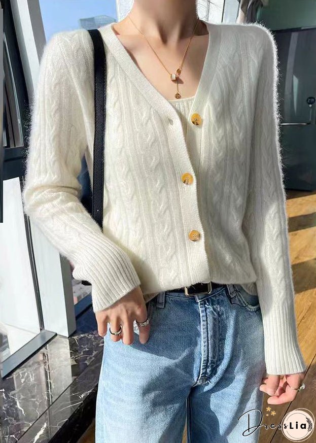 Italian Pink V Neck Solid Cable Wool Knit Cardigans Fall