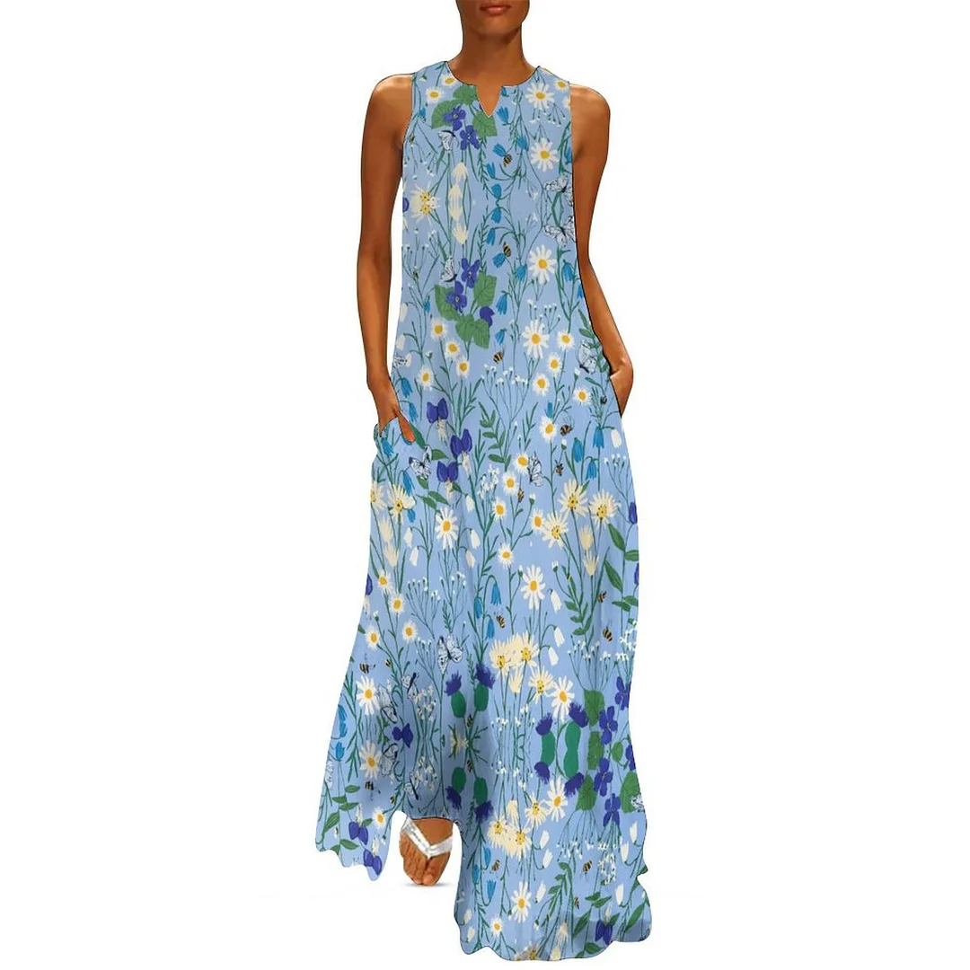 Style & Comfort for Mature Women Plus Size Printed Sleeveless Casual Women Maxi Dress with Pockets in Pattern Blue, Floral, White