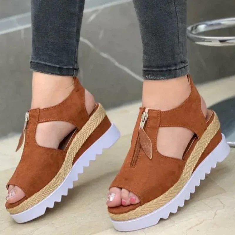 Qengg New Women Sandals Fashion Fish Mouth Hollow Wedge Flat Shoes Front Zip Casual Platform Comfortable Roman Sandals Sandalias Playa