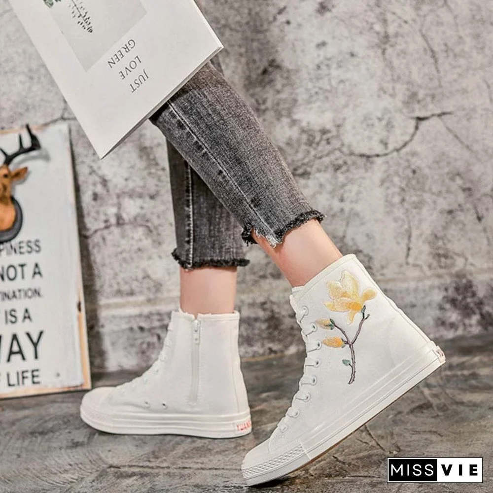 Vintage Blossom Embroidery Lace Up Zipper Canvas Shoes