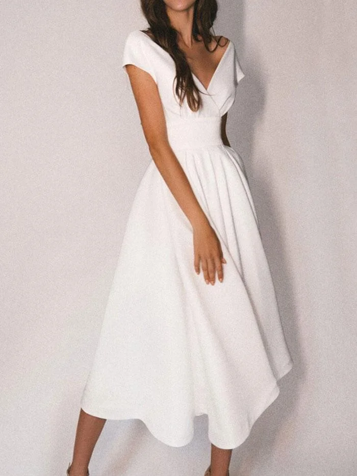 Pure white short-sleeved V-neck tube top dress