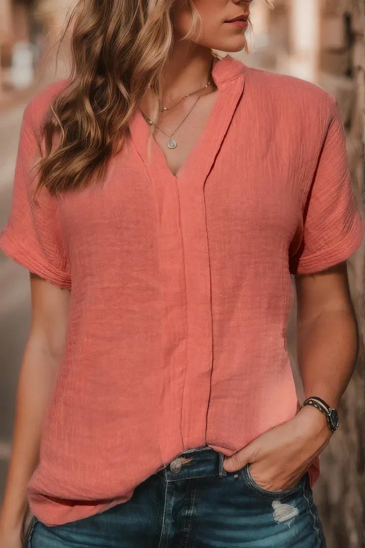 Solid Notched Neck Short Sleeve Blouse