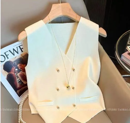 Uveng Uveng Style V Collar Knitted Shirt Vest Vest Women's Spring Shirt Folded Through The Cane Outside With Sleeveless Horse Clip Top