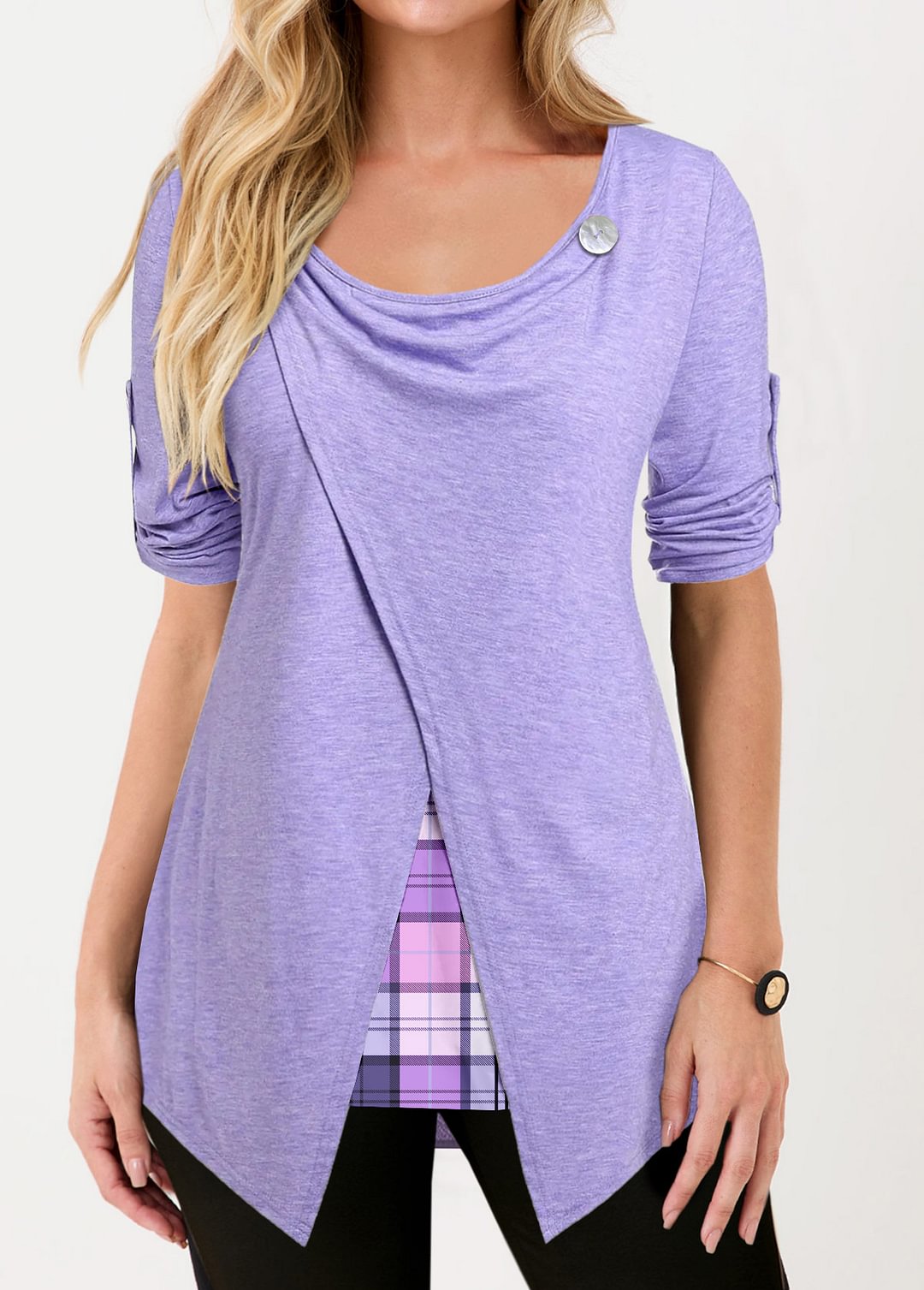 Purple Asymmetric Hem Plaid 3/4 Sleeve T Shirt