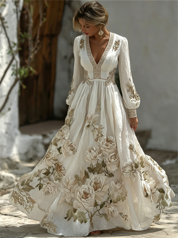 Vintage White Roses Wide Skirted Flowy Linen Maxi Dress elevenforest