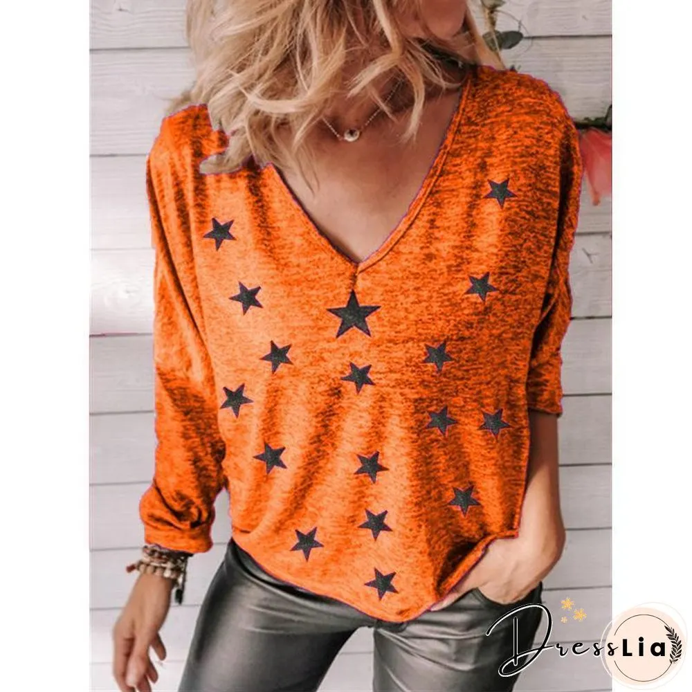 V Neck Stars Printed Long Sleeve Top