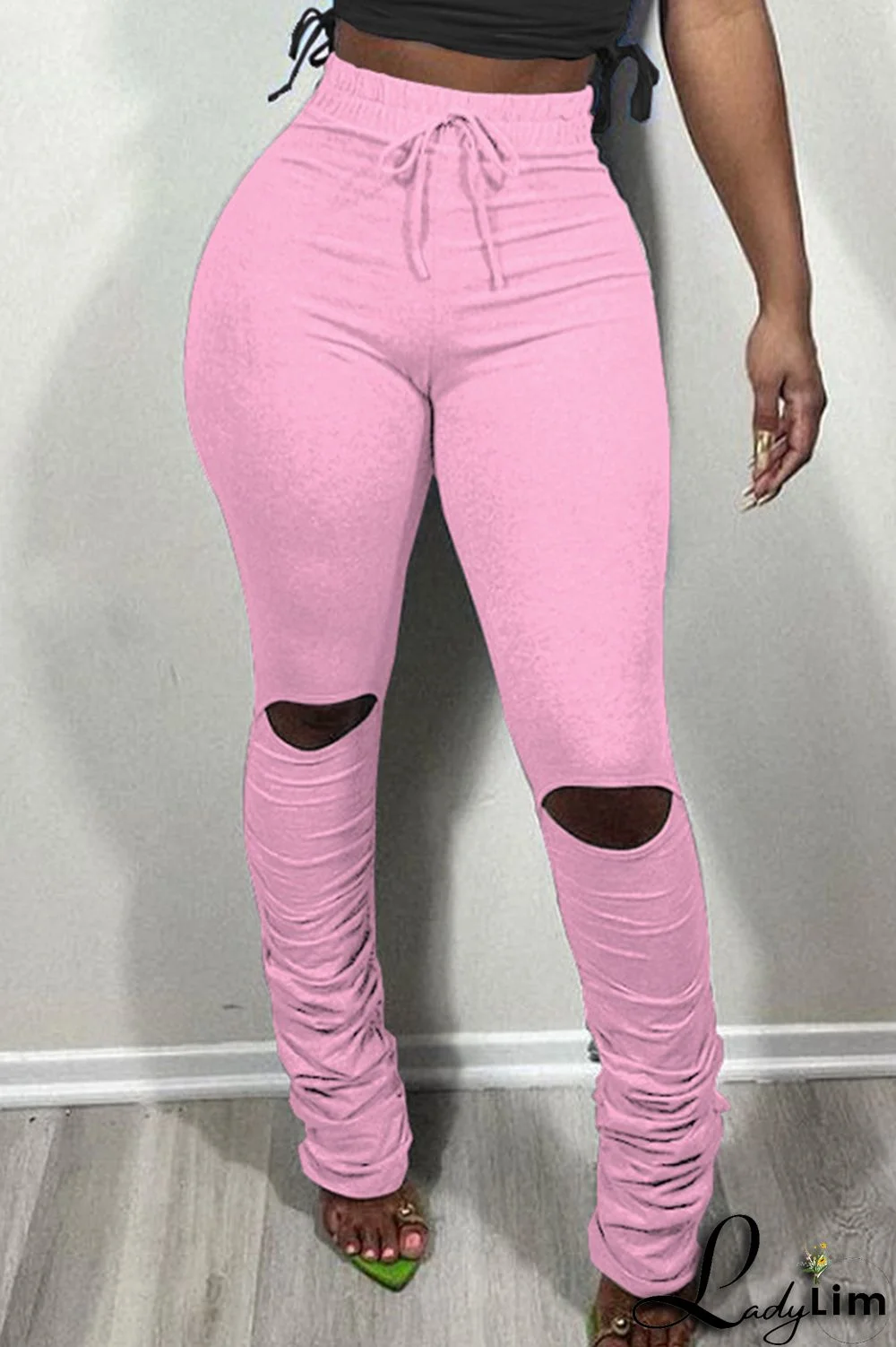 Pink Fashion Casual Solid Ripped Fold Skinny High Waist Trousers