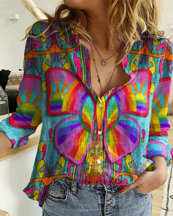 Stand Collar Colorful Butterfly Print Long Sleeve Shirt