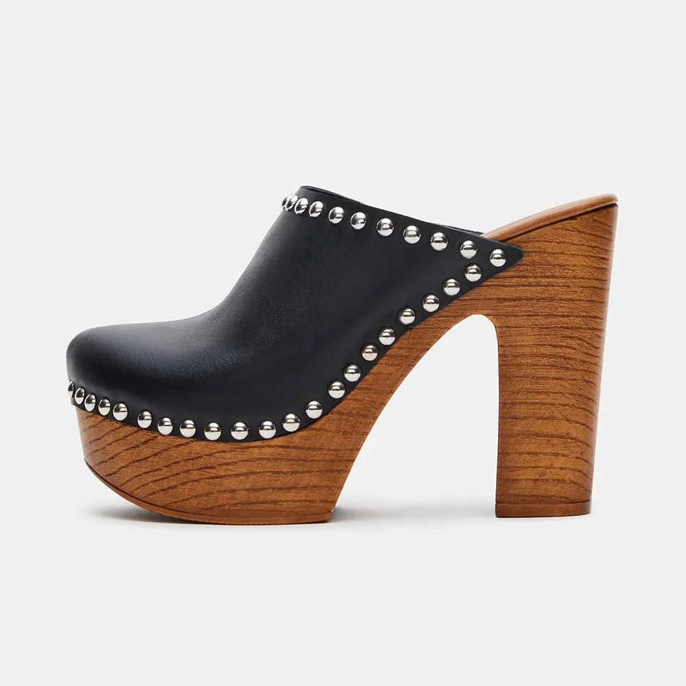 Black Closed Round Toe Chunky Heel Platform Mules with Studded
