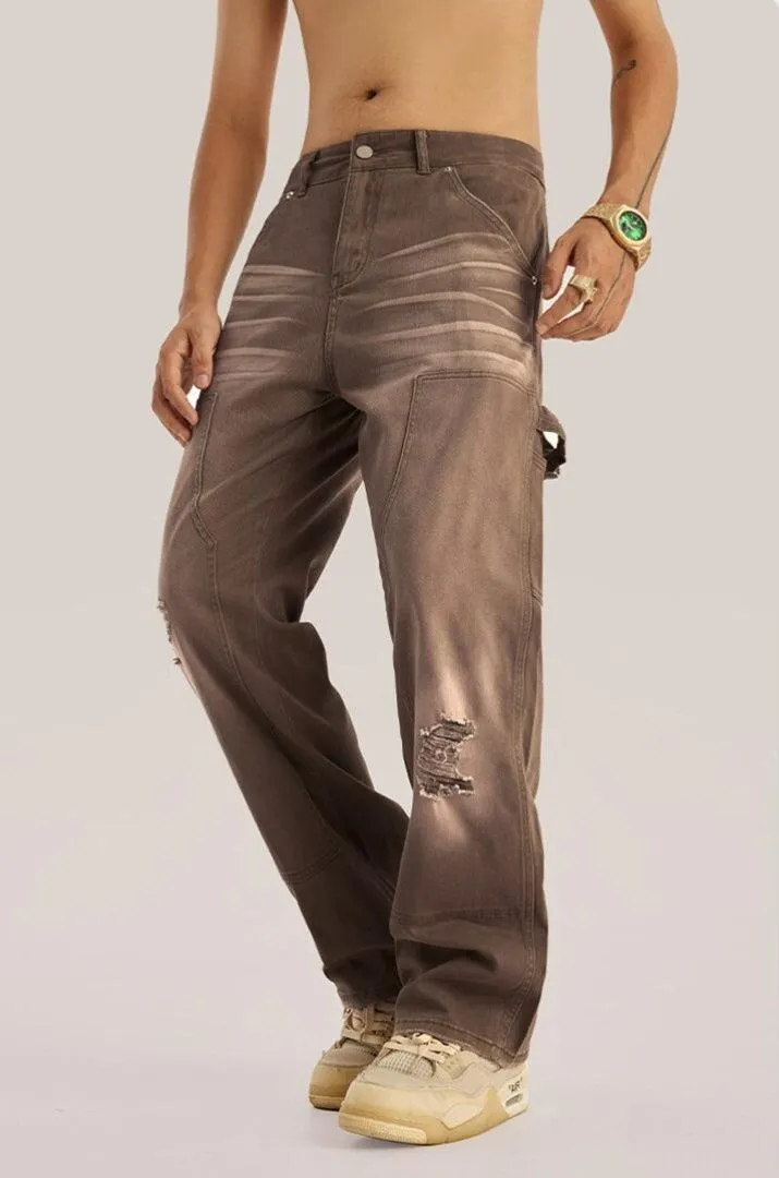 Brownm Rise Washed Distressed Jeans