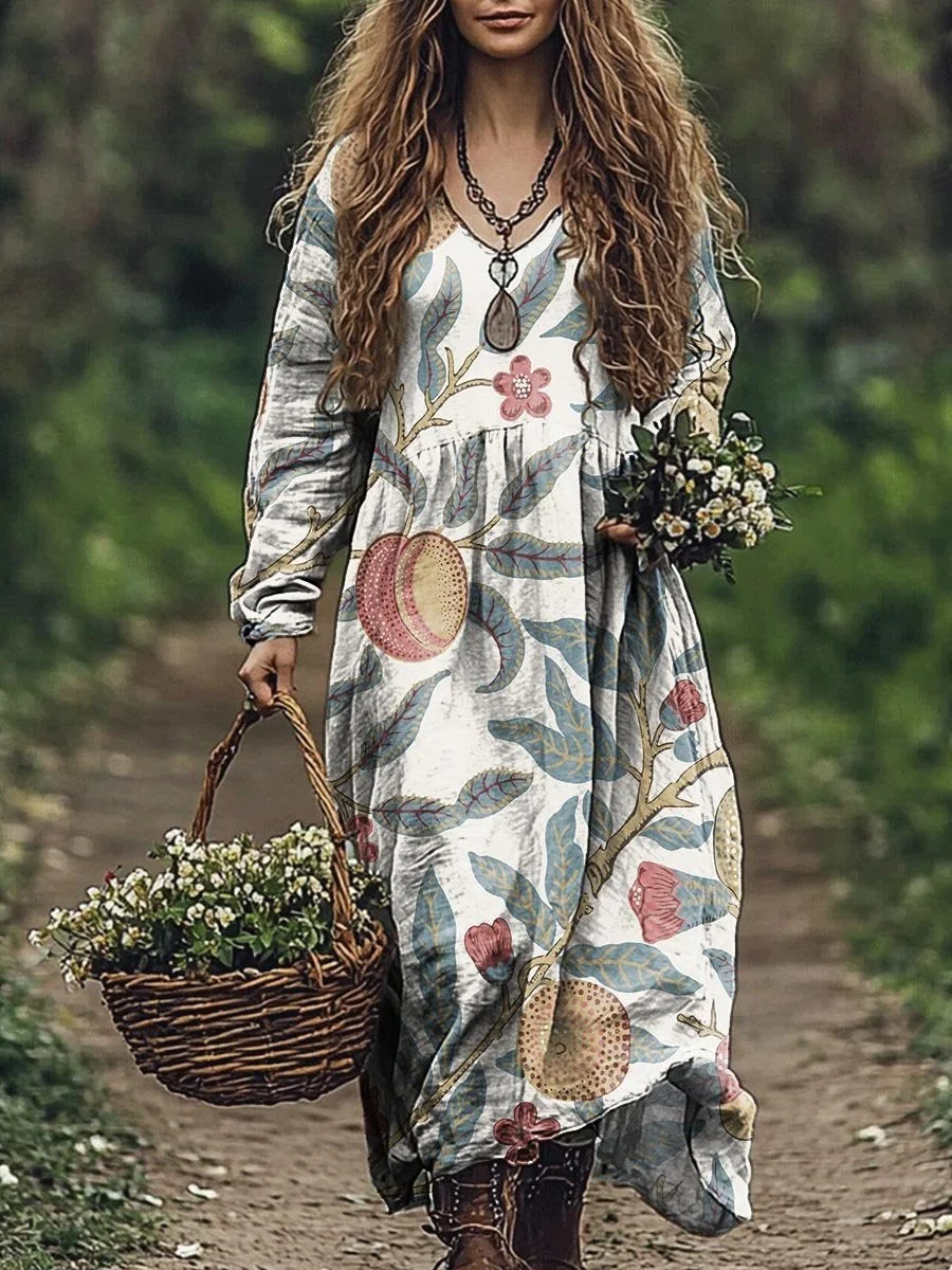 Women's Retro Floral Art Print V Neck Pocket Cotton Dress