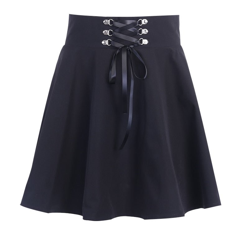 Instahot Black Pleated Lace Up Short Skirt Ball Gown Preppy Gothic Punk Vintage Skirts Women High Waist Casual Party 2019