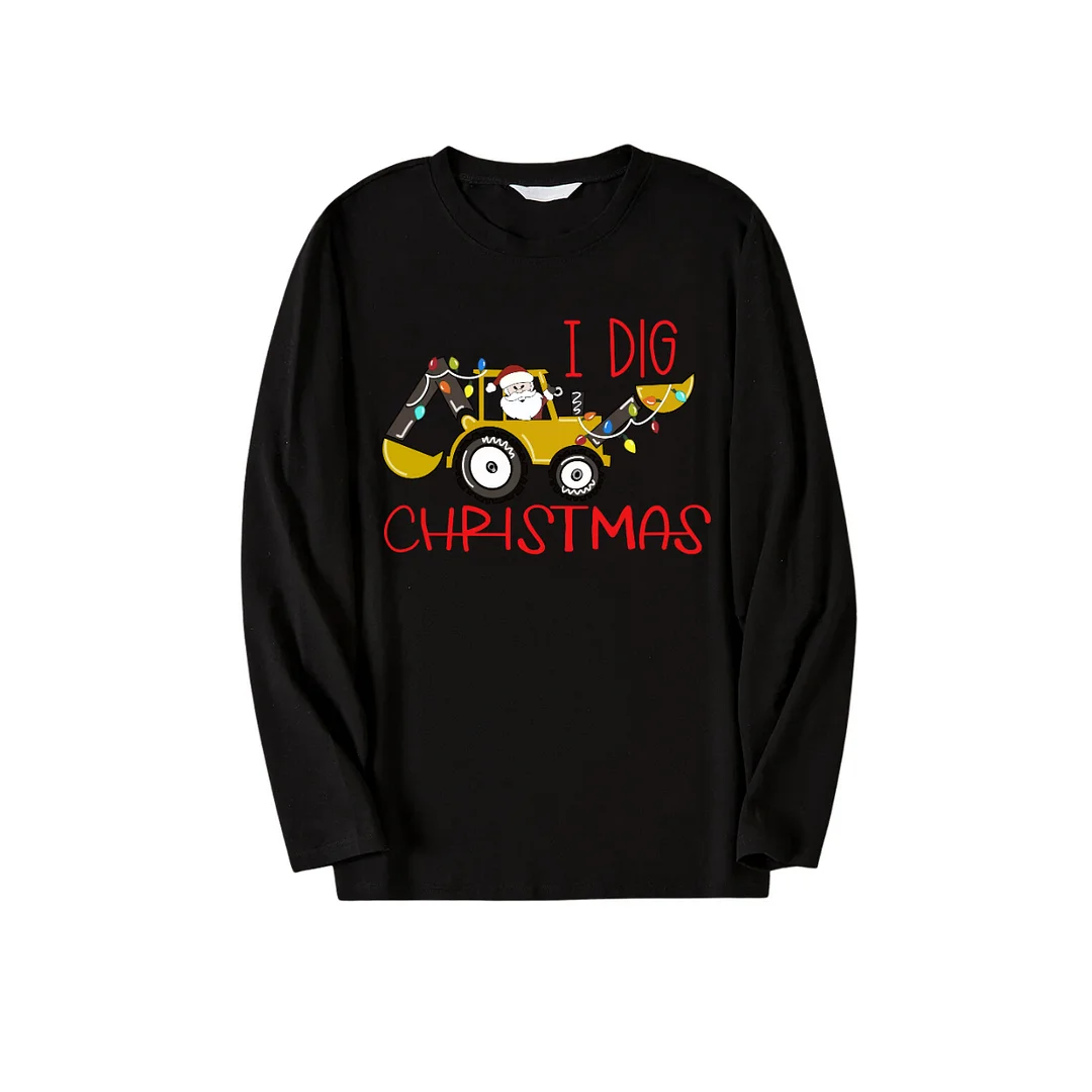 Christmas Excavator Print Black Long Sleeve Top with Red & White & Green Plaid Family Matching Pajamas
