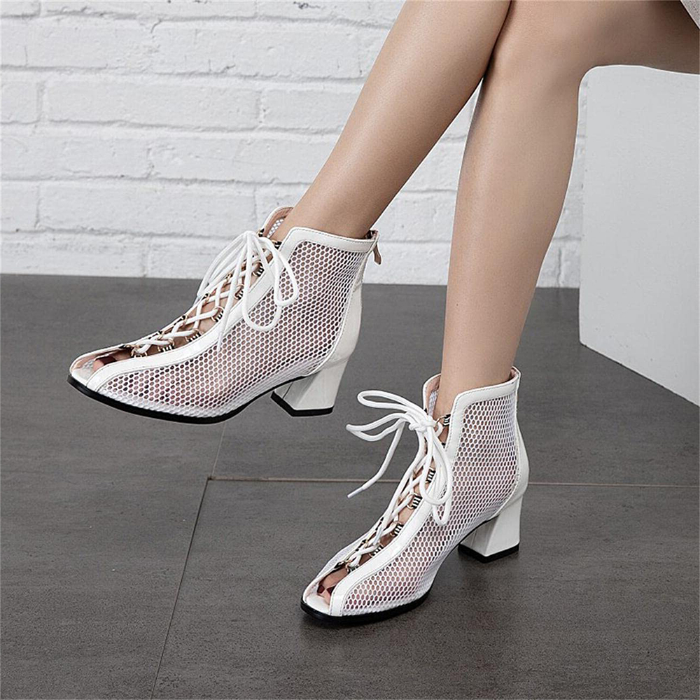 White Mesh Peep Toe Block Heel Lace Up Summer Ankle Boots with Zipper Nicepairs