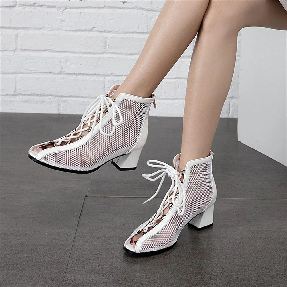 White Patent Leather Mesh Mixed Opened Toe Lace Up Ankle Boots With Chunky Heels Nicepairs