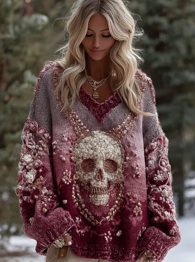 Women's Vintage Skull And Floral Gradient Art Knit V Neck Sweater