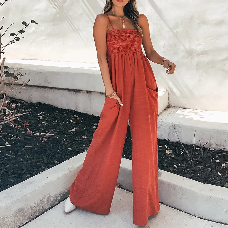 Brownm Brownm New Women's Solid Color Sling Pleated Casual Temperament Commuter High Waist Jumpsuit