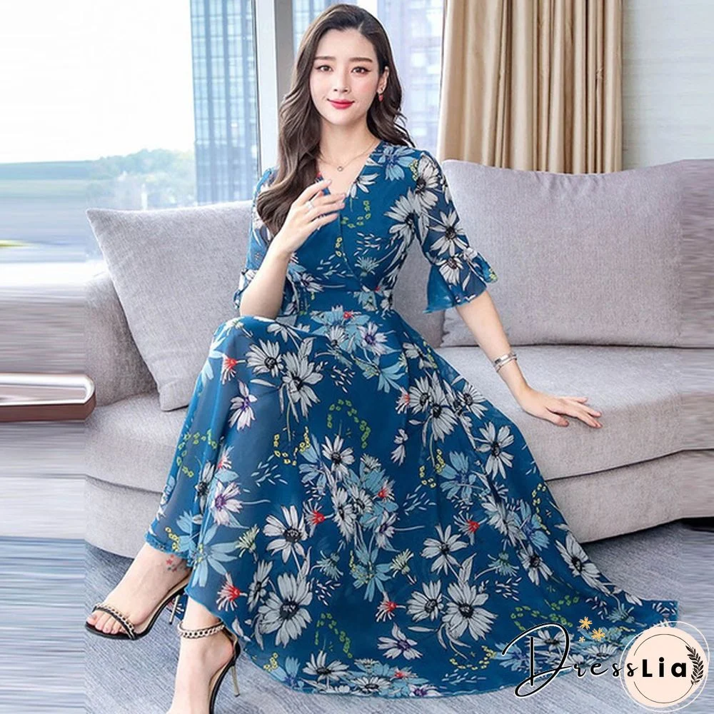 Fashion Floral Print Slim A-Line Dress Elegant Ladies Long Dress Women V-Neck Short Sleeve Chiffon Party Dresses