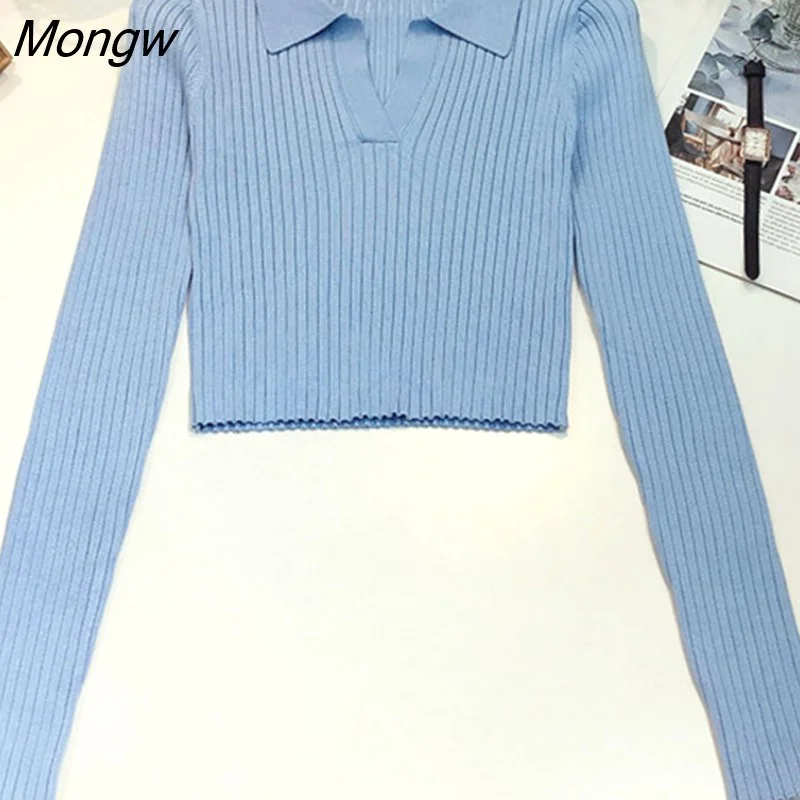Mongw Knitted Polo Shirts Women V-Neck Long Sleeve Crop Top Spring Autumn Casual T-Shirt Sweater Tops Blue White Black