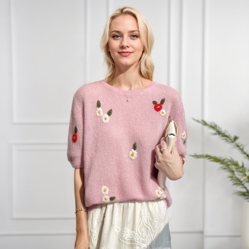 Women's Round Neck Silk Cashmere Sweater with Embroidered Floral REAL SILK LIFE