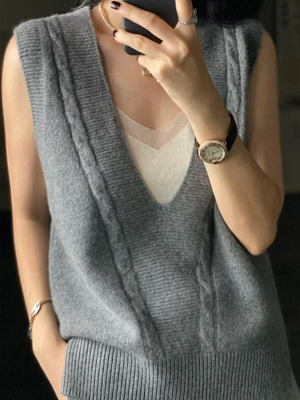 Casual Loose Knitting Sleeveless Solid Color V-Neck Vest Top