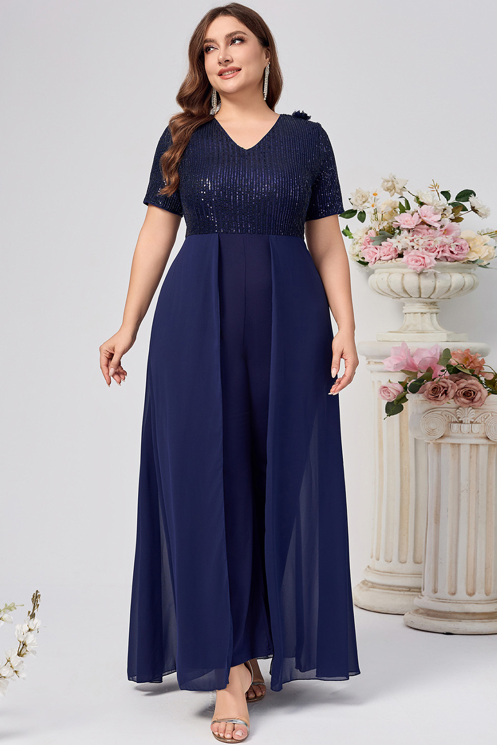 Plus Size Mother Of The Bride Navy Blue Sequin Chiffon Short Sleeve Overskirt Jumpsuit