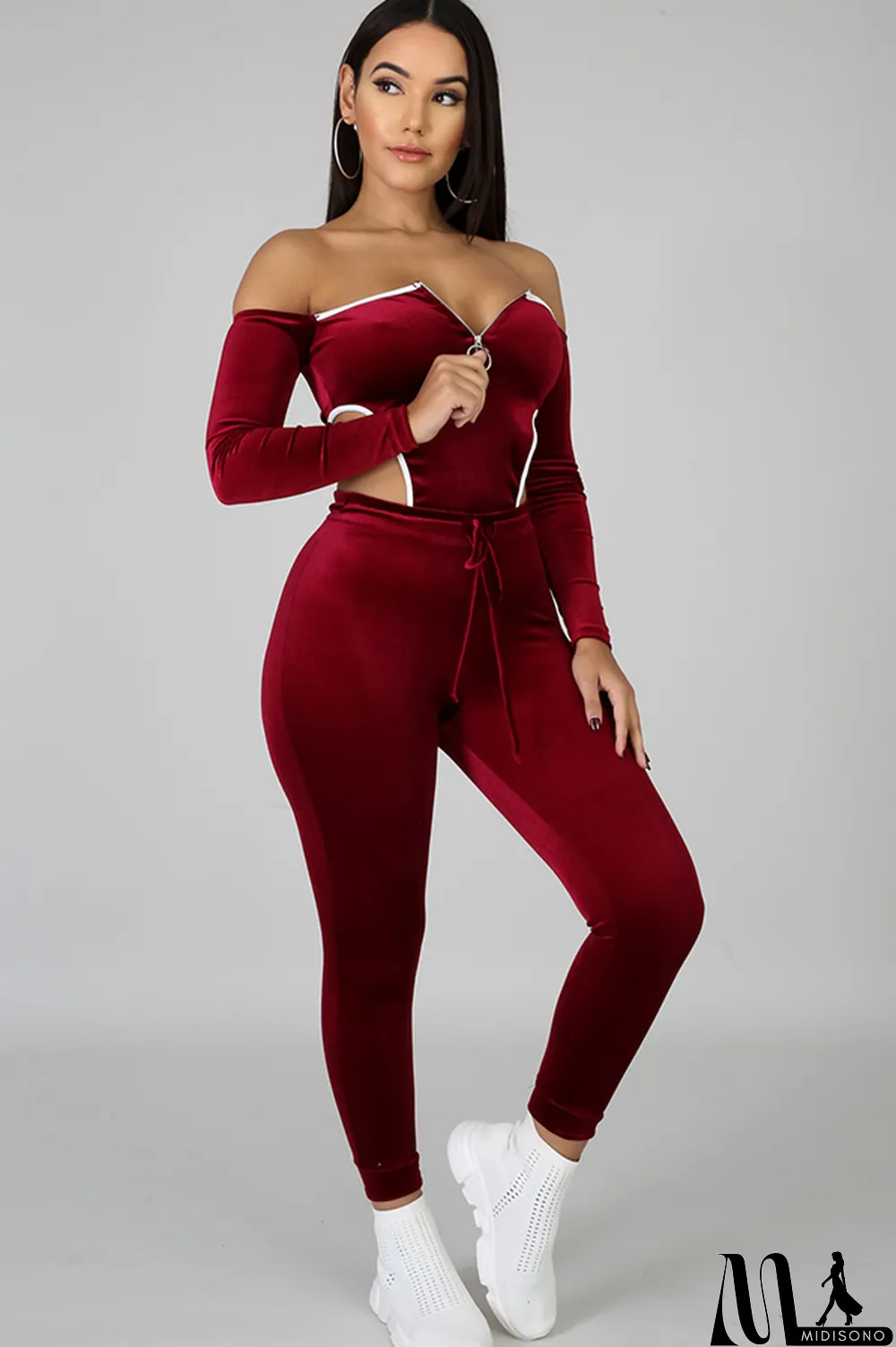 MidiSono - purple Polyester Sexy Solid Two Piece Suits pencil Long Sleeve Two-piece Pants Set