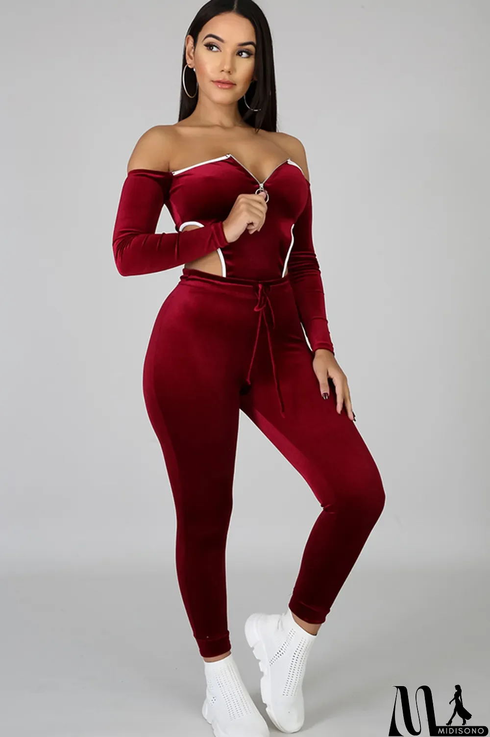 MidiSono - purple Polyester Sexy Solid Two Piece Suits pencil Long Sleeve Two-piece Pants Set