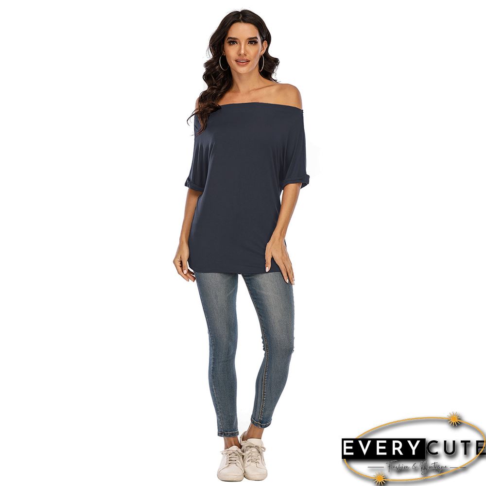 Navy Blue Cotton Blend Off Shoulder Tops