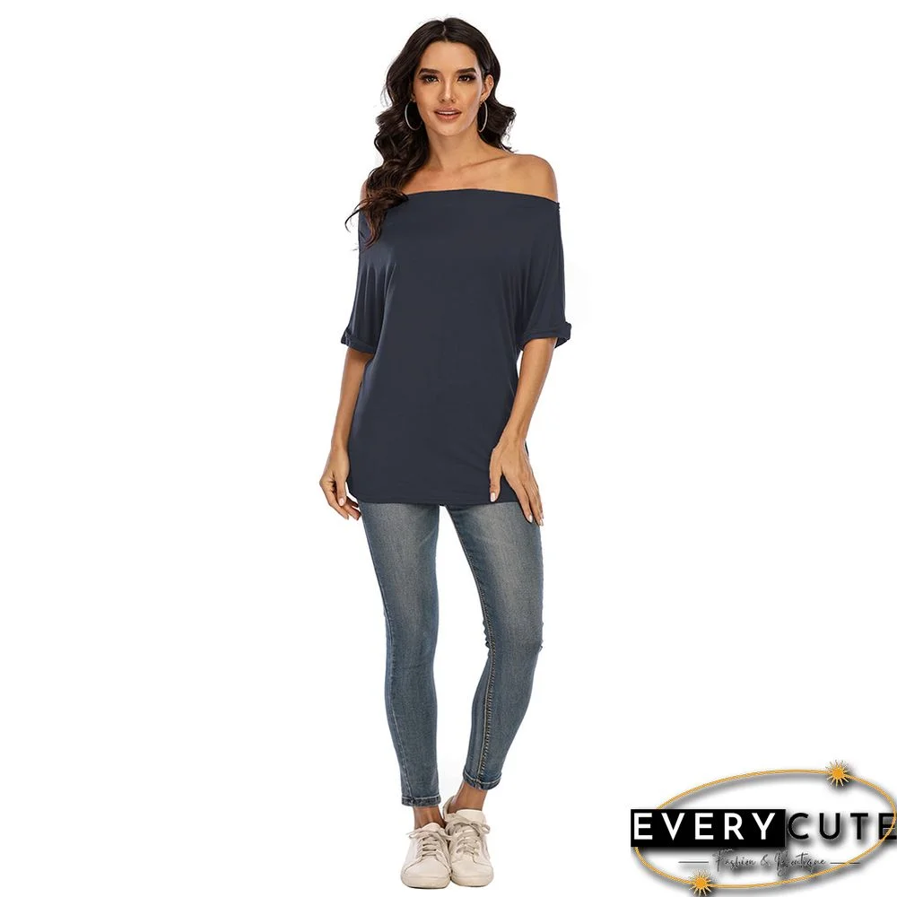 Navy Blue Cotton Blend Off Shoulder Tops