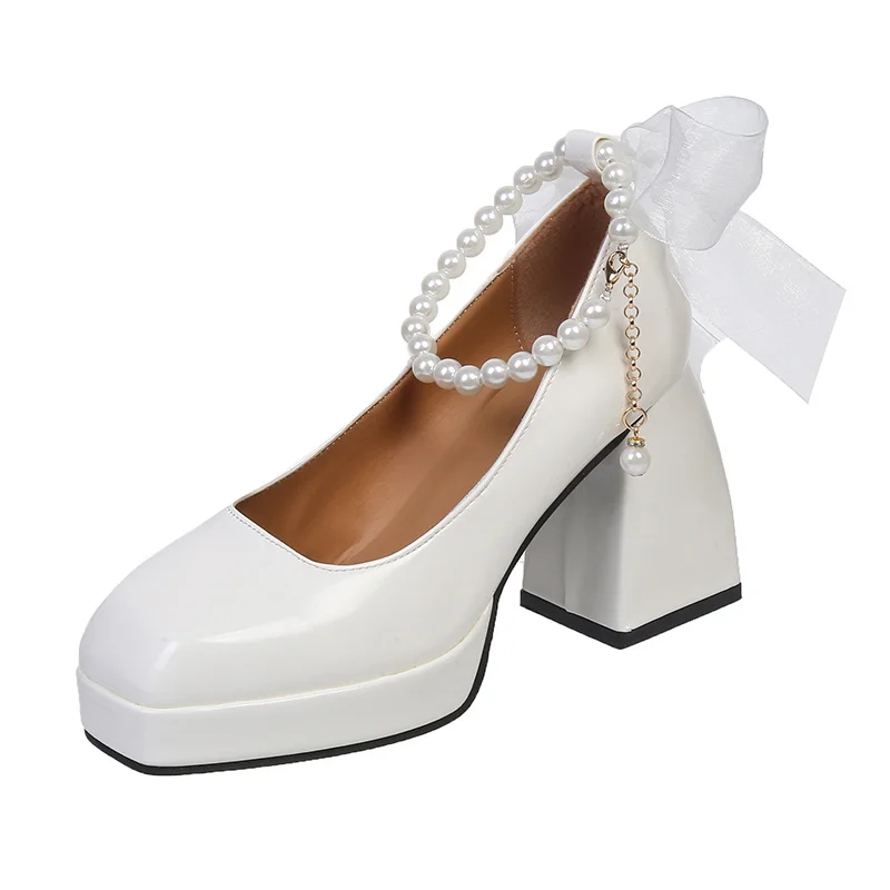 Yyvonne Yyvonne Size High Heels Female 2023 Spring And Autumn String Beads Chain Fairy Wind Thick With Simple Square Head Mary Jane Single Shoes Female