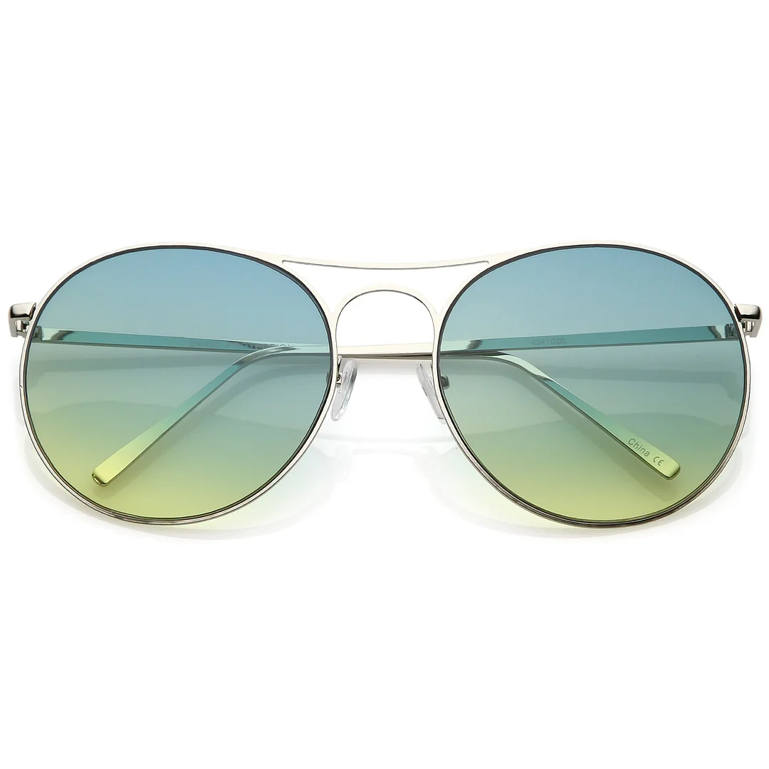 Oversize Metal Aviator glasses Double Nose Bridge Round Gradient Flat Lens 65mm