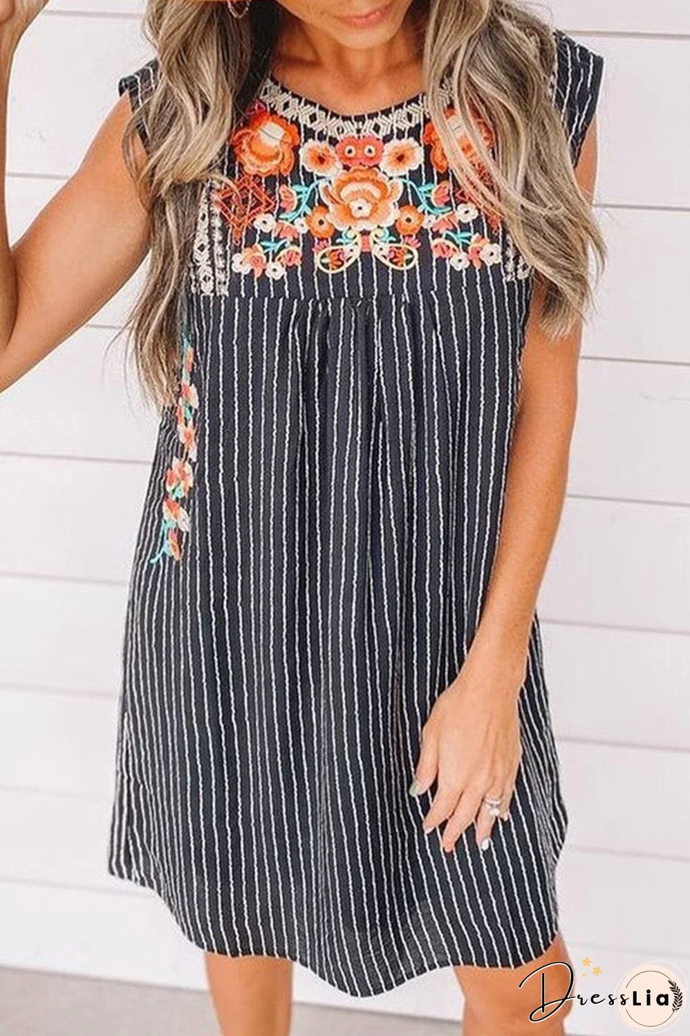 Blue Striped Embroidered Sleeveless Mini Dress with Southern Belle Style